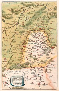 Veromanuorum Eorum que Confinium Accurssima Beskrivelse Geografisk kort over territoriet Vermandois og Picardie i Gallien (Frankrig) fra "Theatrum Orbis Terrarum" af Abraham Ortelius (Oertel, Ortell eller Ortel af Abraham Ortelius