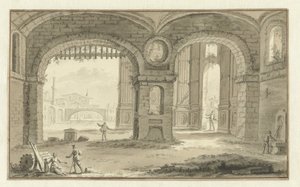 Fantaserede italienske bybilleder med klassiske bygninger af Abraham Rademaker