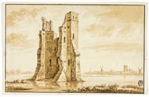 Ruinerne af Merwede Manor set forfra med Dordrecht i baggrunden