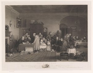 Interiør med firma der skal betale husleje Lejedagen (titel på objekt) af Abraham Raimbach