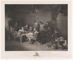 Interiør med mænd, der diskuterer omkring et bord Landsbypolitikere (titel på objekt) af Abraham Raimbach