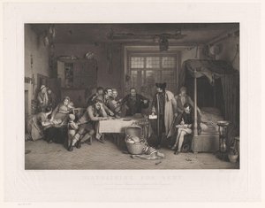 Sobert interiør med mænd, der beslaglægger en families ejendom Udlæg til leje (betegnelse på objekt) af Abraham Raimbach