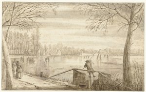 Skatere på floden Vecht, nær Maarssen, med ejendommene Daelwijck og Vechthoven i det fjerne af Abraham Rutgers