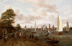 En panoramaudsigt over Amsterdam med en pram og småskibe på Buiten-Amstel, af Abraham Storck