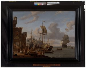 Välimerellinen capriccio-satama, jossa kauppiaita ja muita hahmoja laiturin puolella af Abraham Storck