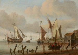 Både ved en fortøjningsplads af Abraham Storck