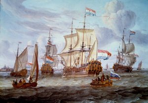 Fregaten Peter og Paul i havnen i Amsterdam Maleri af Abraham Storck (1635-1710) 1600-tallets Amsterdam. Marinehistorisk Museum