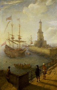 Et spansk tremastet skib ligger for anker ud for Napolis (Italien) kyst, set fra en brolagt mole i byen, mod fyrtårnet og bygningerne i middelhavshavnen.