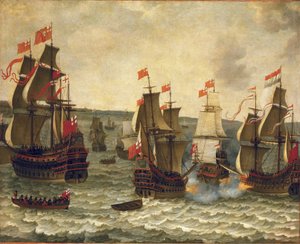 Søslag mellem hollandske og britiske skibe, episode af den første anglo-hollandske krig (Anglo-Dutch) 1652-1654. Olie på træ af Abraham Willaerts (1603-1669).