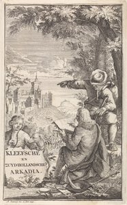Rejsende tegner byen Kleve Titelside for: C. Bruin, Kleefsche og Zuid-Hollandsche Arkadia (...), 1730 af Abraham Zeeman