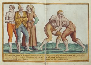 Turks wrestling, kostumer fra det sekstende århundrede fra Omnium Poene Gentium Imagines, udgivet i Köln, 1577 (håndfarvet gravering) af Abraham de Bruyn