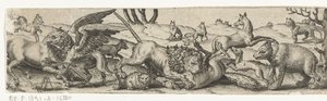 Kamp mod dyr i et landskab. af Abraham de Bruyn