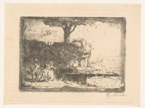 Landskab med tre figurer af Abraham de Miranda (signed by artist)