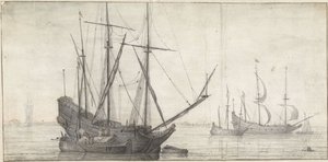 Sejlskibe på stille vand nær kysten af Abraham de Verwer (possibly)