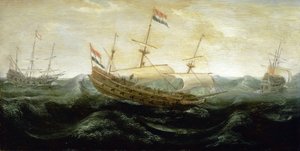 Et hollandsk skib sejler på et meget oprørt hav med reducerede sejl, hvor vinden suser ind. Olie på kobber, ca. 1625, af Abraham de Verwer (ca. 1585-1650). af Abraham de Verwer