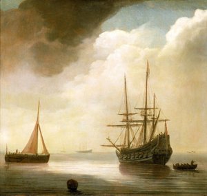 Hollandsk skib på roligt hav. Til venstre for ham en fiskerbåd i drift, til højre for ham en opankret båd. Olie på træ af Abraham de Verwer (ca. 1585-1650).