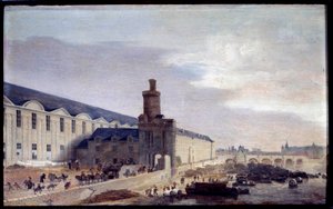 Udsigt over Porte Neuve og Galerie du Louvre omkring 1640. Indgang til Louvre ved bredden af ​​Seinen. Maleri af Abraham de Verwer (1600-1650) 1640 Dim. 0,37 x 0,59 m Paris, Musee Carnavalet