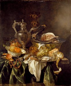 Stilleben med en sølvvinkrukke og et reflekteret portræt af kunstneren, c1657