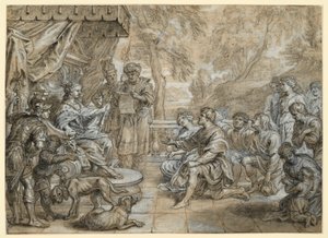 En dronning med hermelinskåbe og scepter (Semiramis?) på en trone, foran hende knæler en gruppe mænd og kvinder af Abraham van Diepenbeeck