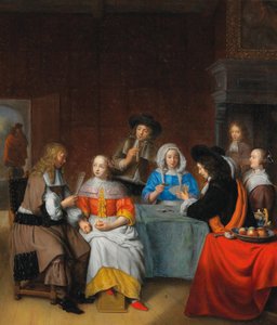 Interiør med et elegant samfunds spillekort, 1660