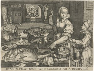 Keukenstuk met kvinde die wis schoonmacht Jesus genkendes af disciplene ved brødets brydning (titel på objekt) af Abraham van Lier