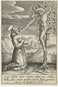 Knælende helgen før Kristus på korset af Abraham van Merlen