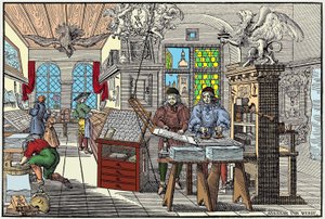 Interiør af en trykkeri i Nürnberg, Tyskland: arbejdere på arbejde, begyndelsen af det 17. århundrede - grav. af Abraham van Werdt. af Abraham van Werdt