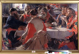 Tea time (Te drikkelse). Maleri af Abram Yefimovich Arkhipov (1862-1930). Olie på lærred, 79 x 31 cm. Russisk kunst, slutningen af ​​det 19.-begyndelsen af ​​det 20. århundrede. Statens B. Kustodiev kunstgalleri, Astrakhan (Rusland).