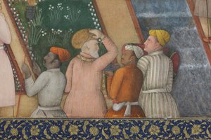 Detalje fra kejser Jahangir med hellige mænd i en have, ca. 1615 (ugennemsigtigt wc og guld på papir)