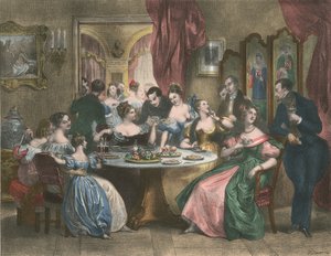 Le The, The Tea Party (farvelitografi) af Achille (after) Deveria