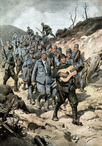 En glad helt. Efter at have fanget fyrre østrigere og en guitar i en hule, marcherede menig Buoncompagni i spidsen for gruppen af fanger, der sang. Ill. de Beltrame. La Domenica del Corriere. 10/1917 af Achille Beltrame