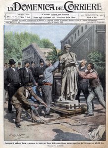 En statue købt af regeringen til 450 tusind lire bringes til Rom og leveres til minister Rava. Ill. de Beltrame. La Domenica del Corriere. 10/1909. af Achille Beltrame