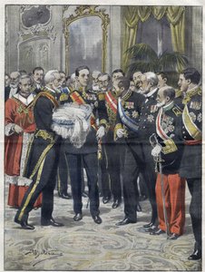 Alfonso XIII (1886-1941), konge af Spanien ved præsentationsceremonien for sin søn Alfonso (1907-1938), greve af Covadonga, prins af Asturien. Tegning af Achille Beltrame. fra 1907. af Achille Beltrame