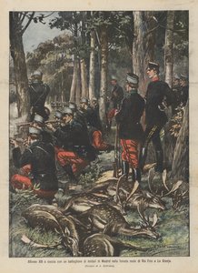 Alfonso XIII på jagt med en bataljon af soldater fra Madrid i den kongelige skov Rio Frio i La Granja