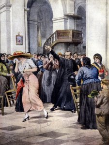Et eksempel på religiøs moralisme: en ung kvinde bliver jaget ud af kirken af en præst og de troende, der bliver skandaliseret på grund af hendes lette påklædning. Ill. af A. Beltrame. "La Domenica del Corriere" af Achille Beltrame