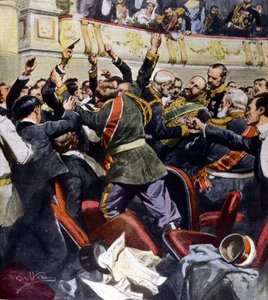Angreb på den russiske minister Stolypin ved det kommunale teater i Kiev. Beltrame illustration af Achille Beltrame