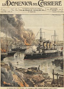 Slagskib Potemkin bombarderer Odessa, af Achille Beltrame, illustration, Illustrator Achille Beltrame (1871-1945), fra La Domenica del Corriere af Achille Beltrame