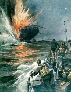 Britisk handelsskib sænket af italienske MAS i Middelhavet, 3. august af Achille Beltrame