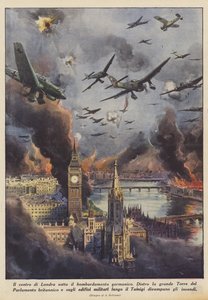 Det centrale London under den germanske bombning (Colour Litho) af Achille Beltrame