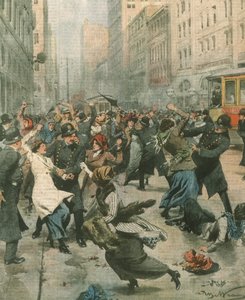 Forsideillustration af kvinder, der protesterer mod arbejdsløshed på gaden; New York, USA af Achille Beltrame