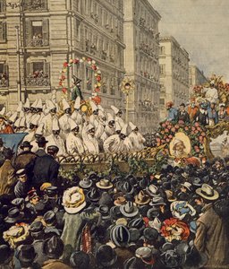 Folkemængder under karneval i Napoli, af Achille Beltrame, illustration, Illustrator Achille Beltrame (1871-1945), fra La Domenica del Corriere, 31. januar 1904 af Achille Beltrame