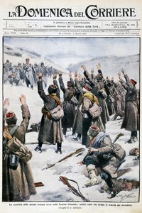 Nederlag af tiende russiske hær i Østpreussen: Russiske soldater løfter deres arme i overgivelse, plade af Achille Beltrame (1871-1945) fra La Domenica del Corriere, 28. februar-7. marts 1915 af Achille Beltrame