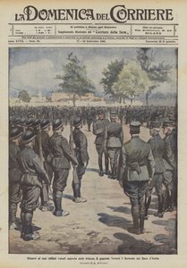 Foran sine soldater, der kom med vilje fra skyttegravene, bliver general Tettoni dekoreret af hertugen af ​​Aosta