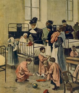 Uddeling af julegaver til fattige børn på hospitalet, af Achille Beltrame, illustration, Illustrator Achille Beltrame (1871-1945), fra La Domenica del Corriere, 23. november 1900 af Achille Beltrame