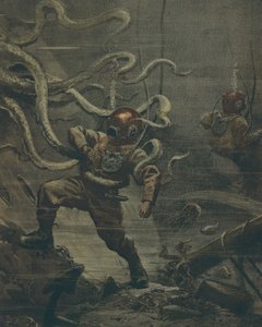 Dykkeren bliver angrebet af en kæmpe blæksprutte under et dyk, af Achille Beltrame, illustration, Illustrator Achille Beltrame (1871-1945), fra La Domenica del Corriere, 25. oktober 1908 af Achille Beltrame