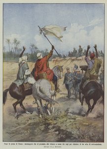 Efter erobringen af ​​Zuara, en budbringer, der kommer til skyttegravene på vegne af lederne for at spørge? af Achille Beltrame