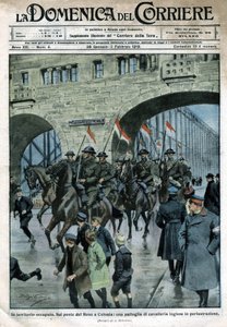 Engelsk tilstedeværelse i Tyskland: militærtropper på en Rhinbro i Köln. Illustration af Beltrame. La Domenica del Corriere. 01/1919. af Achille Beltrame