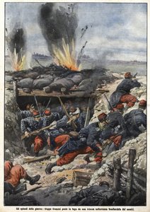 Episode af krigen i 1914: Franske tropper i skyttegravene bliver bombet af fjender. “La Domenica del Corriere” af Achille Beltrame