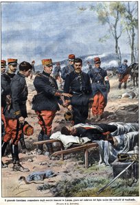 Episode af krigen i 1914: General Noel Edouard de Curieres de Castelnau (1851-1944), chef for den franske hær i Lorraine, sværger til liget af sin døde søn at hævne ham. Illustration af Achille Beltrame i "" La Domenica del Corriere"" af Achille Beltrame