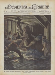 Moderne helte, Ling Binder, der lyser op i den oversvømmede mine i Brux (Bohemia) Redder arbejderne og dør for dem af Achille Beltrame